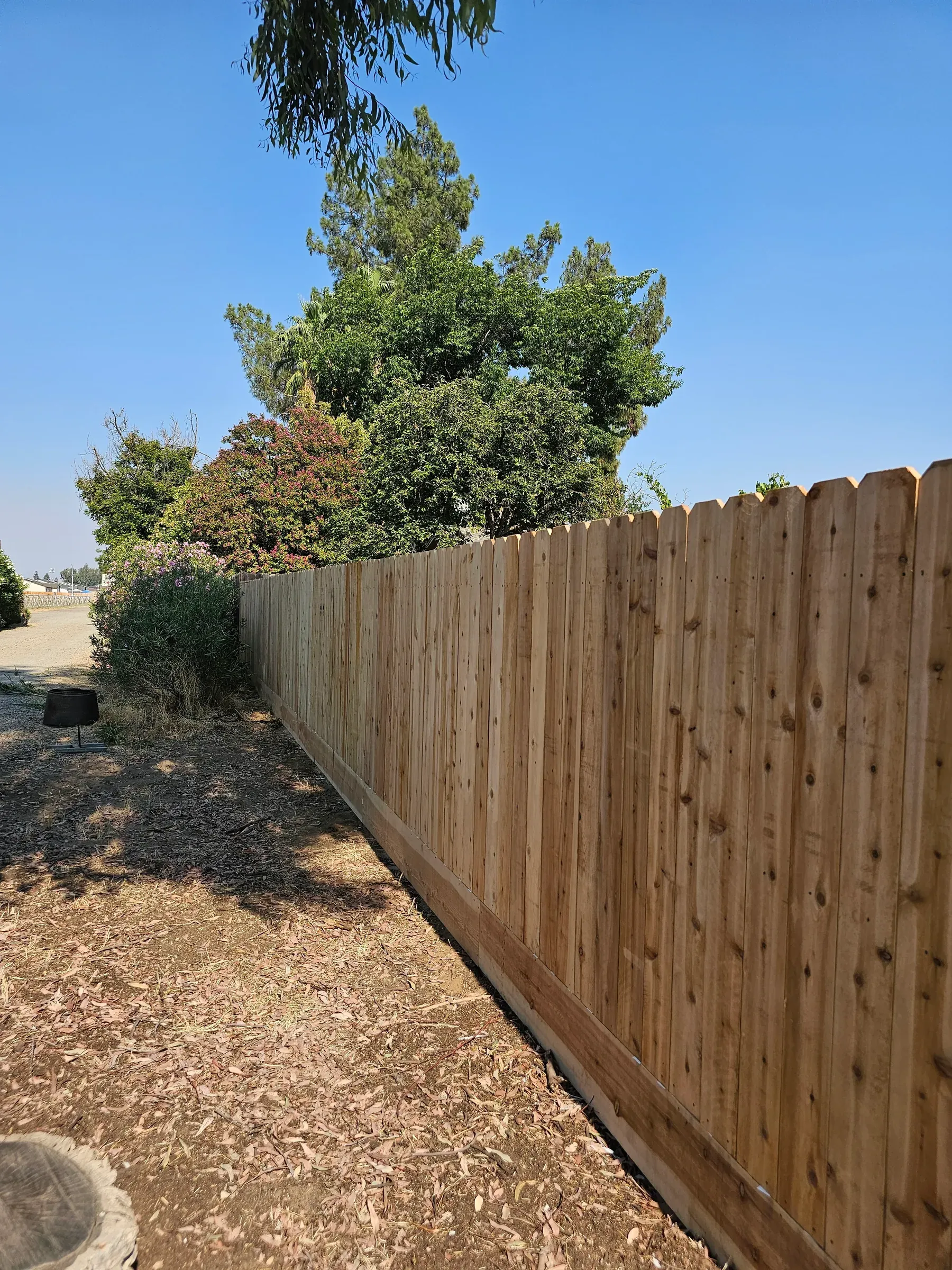 A new dog-ear wood fence running the length of a back property line under a clear sky.